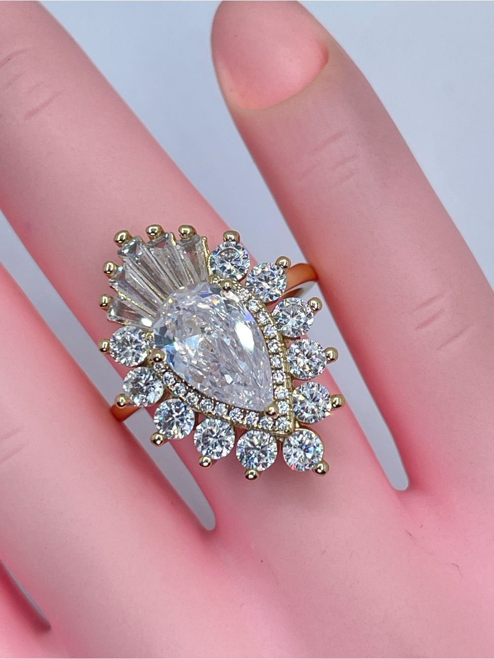 Gold Pear Cut Diamond White CZ Art Deco Halo Statement Ring Vintage Glam
